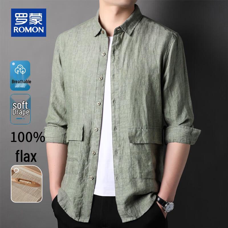 ROMON Men's 100% Linen Long-Sleeve Shirt