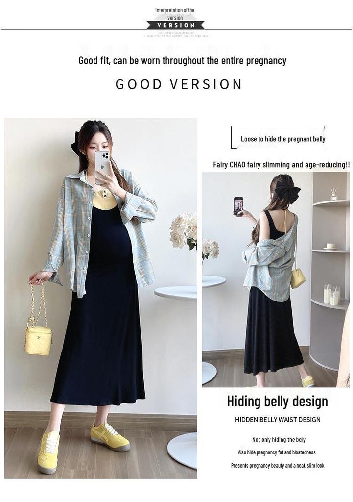 Spring 2026 Maternity Casual Two-Piece Set: Camisole Dress & Plaid Shirt
