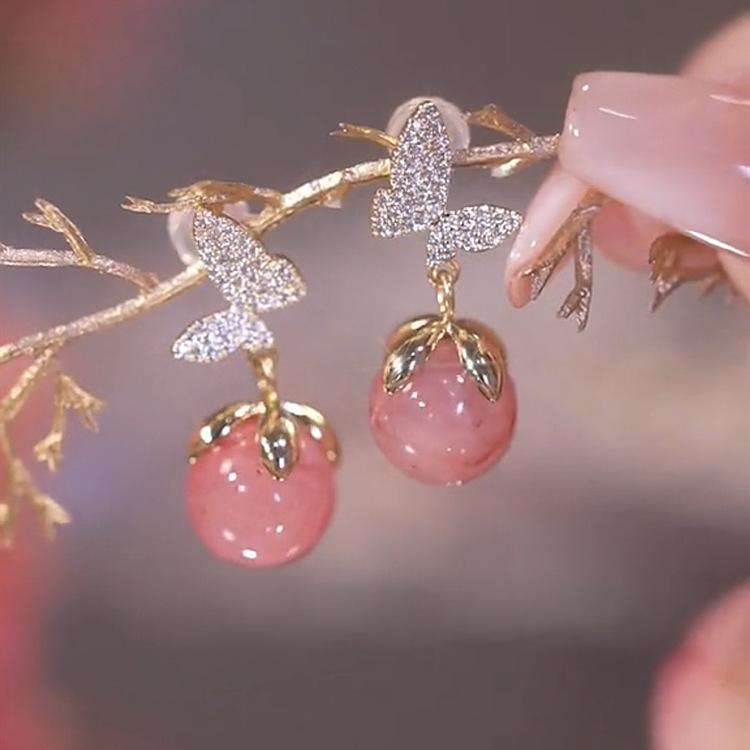 Korean Fashion Butterfly Earrings Earrings for Women Pink Opal Dangle Earrings Valentines Day Anniversary Birthday Jewelry Gift