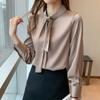 Elegant Satin Blouse For Women Long Sleeve Lady Office Silk Shirts With Bow Stand Collar Solid Tops Female Clothing Blusas 19261