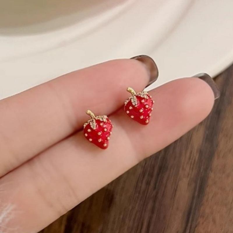 Süße Erdbeer-Steckohrringe für Damen Nischen-Sanfte Glänzende Strass-Ohrringe Temperament Zarte Party-Hochzeits-Ohrschmuck
