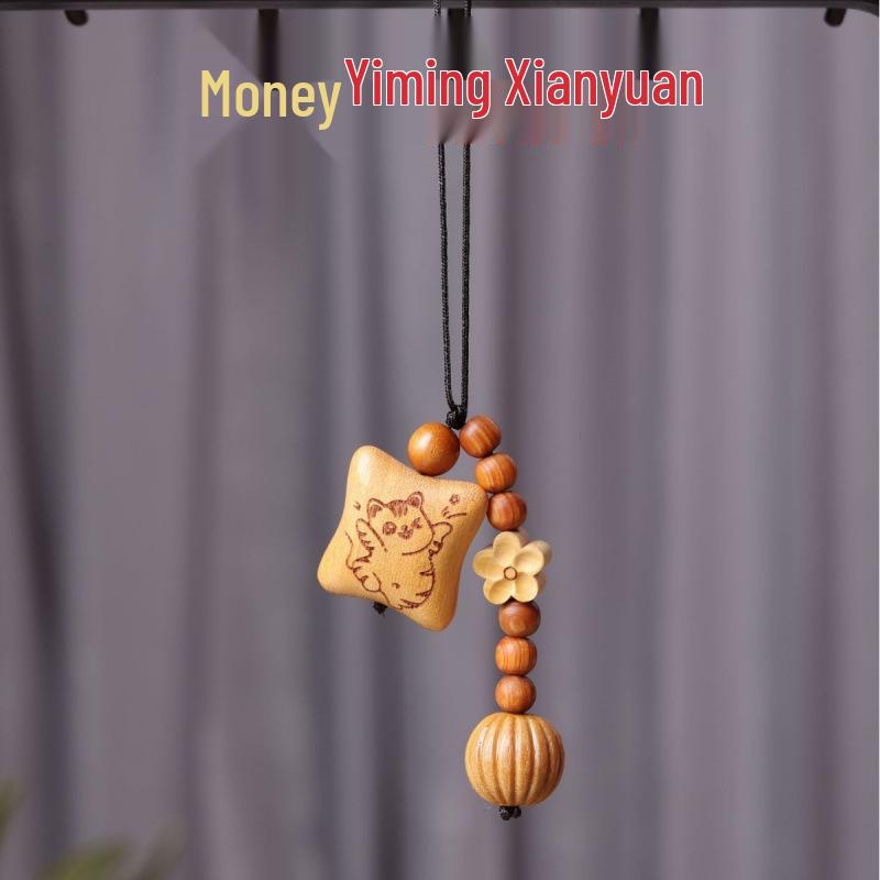 Golden Wood Carved Bow Knot Kitten Cushion Pendant - Blood Cypress Joy Plate Bag Phone Charm