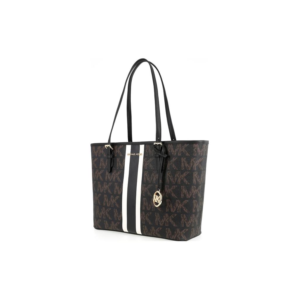 Michael Kors MK Jet Set Travel Monogramma Bianco e Nero a Strisce Grande Capacità Borsa a Spalla in Pelle Donna tote 35S1GTVT2B-BLACK-COMBO