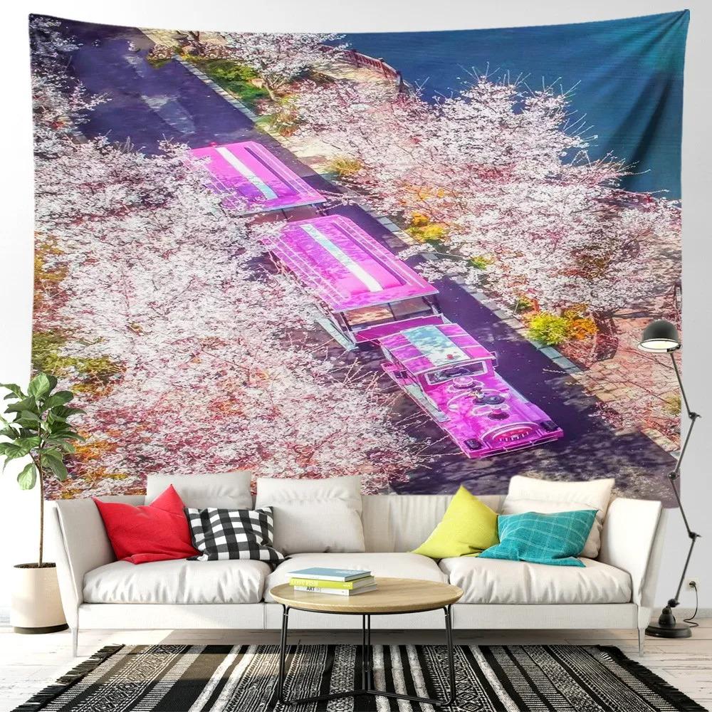 Pink cherry blossom tree mountain forest wall tapestry home decoration living room bedroom background hanging cloth