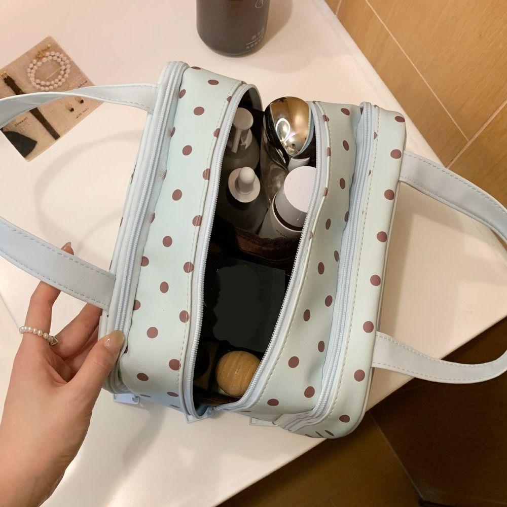 Three Layer Partition Pu Cosmetic Bag Polka Dot Toiletry Bag Portable Travel Tote  Unisex