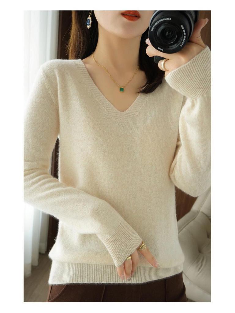 Dámský lehký pletený svetr s dlouhým rukávem s výstřihem do V – nový styl jaro/podzim, jednobarevný svetr.