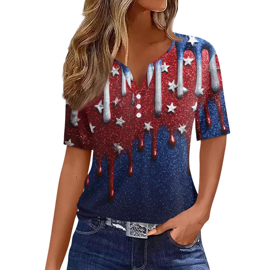 Women's T Shirt Independence Day Print Button Short Sleeve Daily Weekend Fashion Basic V- Neck Regular Top