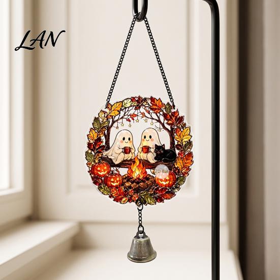 Pumpkin Party Decor Halloween Acrylic Hanging Decoration, Cartoon Ghost Ornament with Bell Bell, Suncatcher for Indoor Outdoor Holiday Ornaments