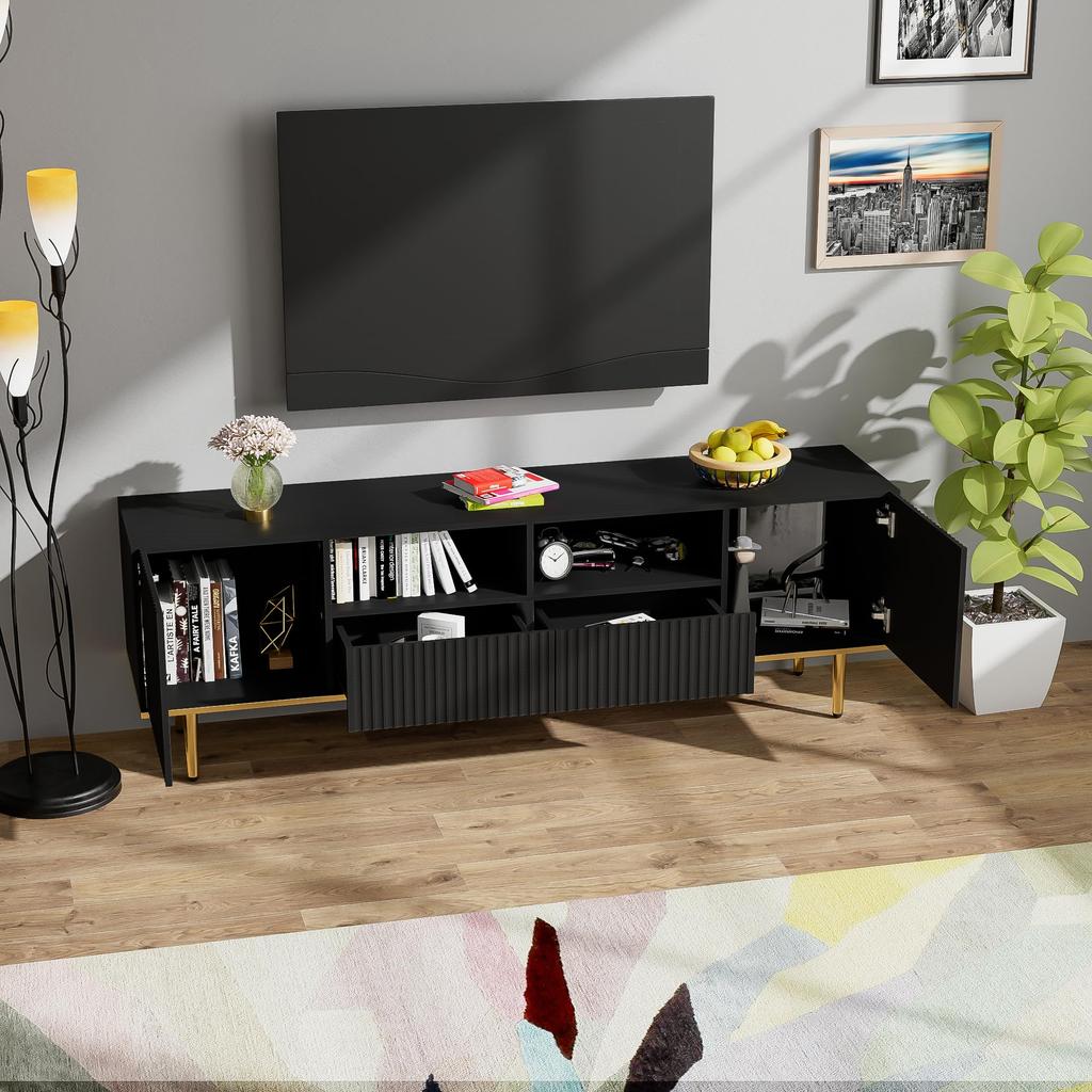 TV-Schrank, modernes TV-Möbel mit goldenen Beinen und Zierleisten, 2 Schubladen & 2 Fächer, elegantes Design