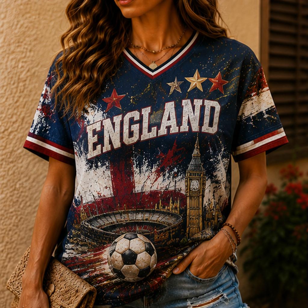 Women V Neck Short Sleeve T Shirt with Stadium Soccer Print Casual Loose Fit Style Top