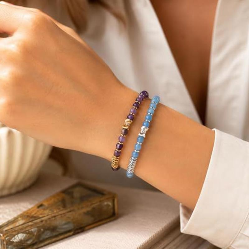 Natural Stone Stretch Bracelet Set, 2 Round Bead Bracelets with Mixed-Tone Spacers for Stacked or Separate Wear