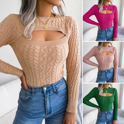 Women Sweater Round Neck Long Sleeve Hollow Chest Design Knitting Tops Twist Texture Solid Color Slim Fit Knitwear
