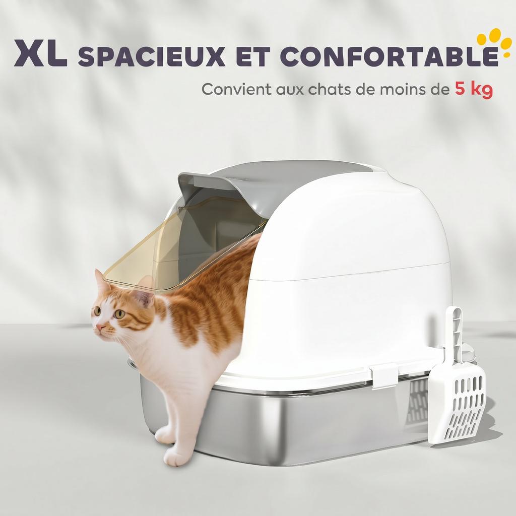 Enclosed Cat Litter Tray, Stainless Steel, Odor Control Lid, XL, White