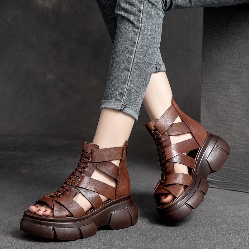 GKTINOO Genuine Leather Women Shoes Summer Sandals 2025 New Zip Retro Wedges Handmade Weave Casual Concise Platform Sandals