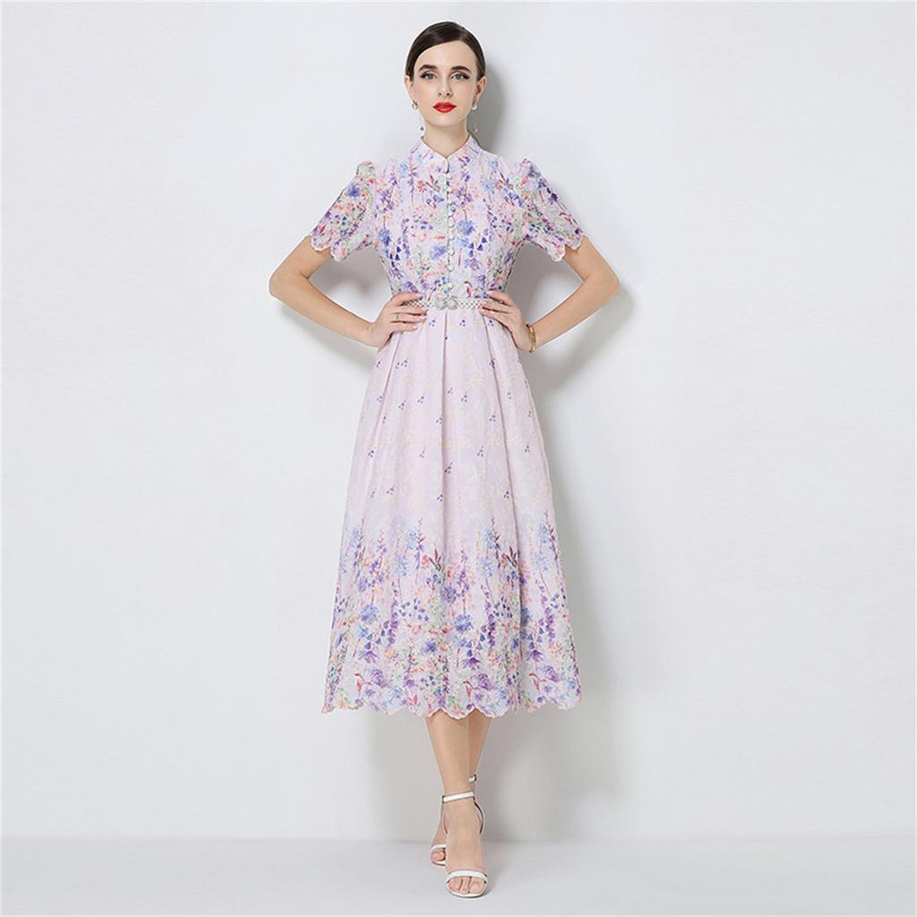 Elegant A-Line Dress for Women High-Quality Embroidery Flower Stand Collar Short Sleeve Fashion Runway Summer Dress Female 2026