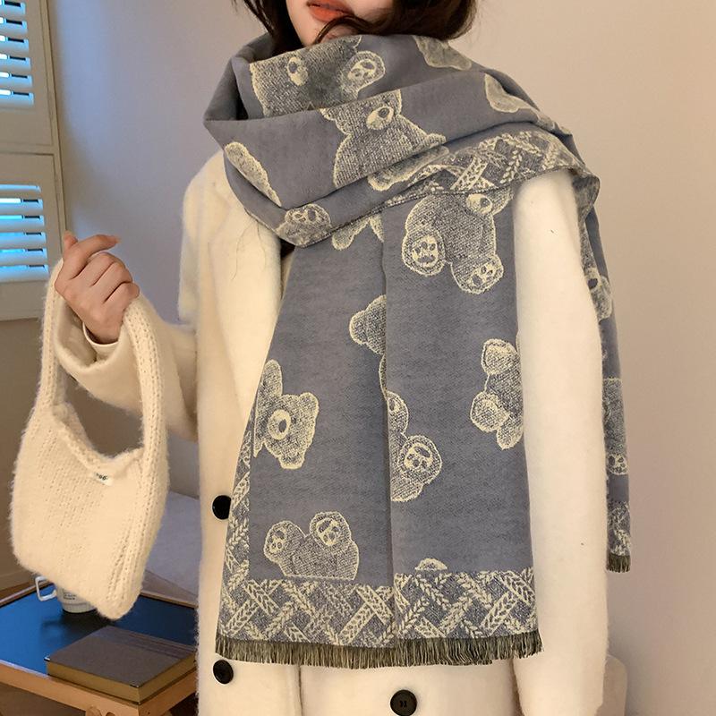 Cute bear gray scarf women's winter warm versatile imitation cashmere high-end scarf student thickened shawl