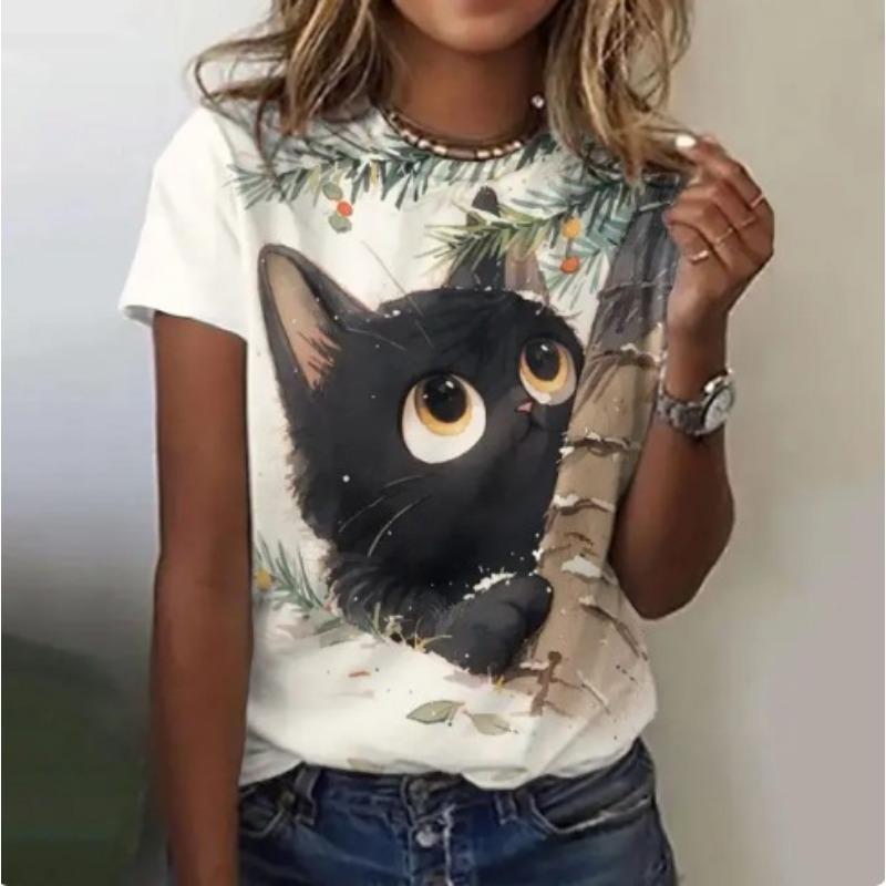 Funny Cute Cat Cartoon Printed Short Sleeved T-shirt Fashionable Loose Top T-Shirts Women’s