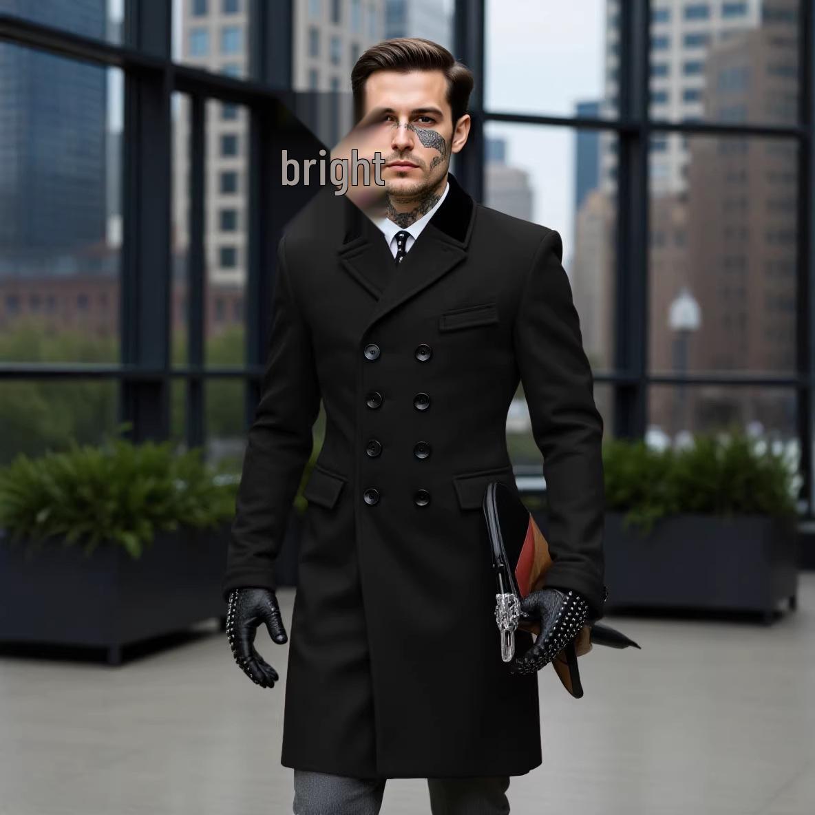 

2026 European Autumn/Winter Men s Color Block Woolen Double-breasted Dragon Phoenix Windbreaker Coat XXL чёрный