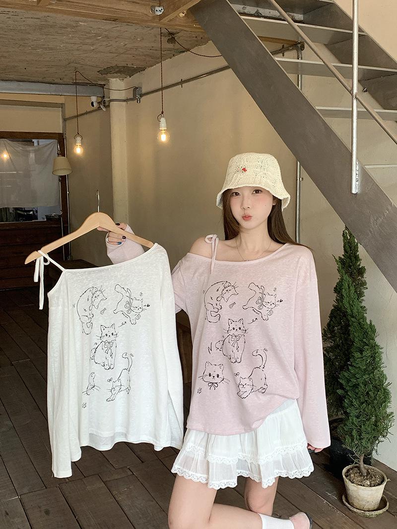 2026 Summer Plus Size Women s Off-the-Shoulder Cartoon Print Lightweight Tie-Up Long Sleeve Top XL слоновая кость/белый