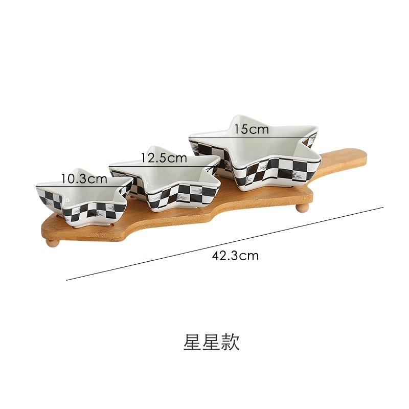 Black and White Grid Geometric Round Ceramic Fruit Platter, Nut Platter, Candy, Afternoon Tea Dim Sum Platter, Wooden Tray