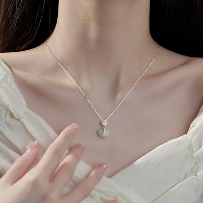 Collana in argento sterling S925, tendenza nazionale, stile antico, ciondolo con lucchetto Ruyi Xiangyun, collana in giada bianca con lucchetto di sicurezza incastonato di diamanti