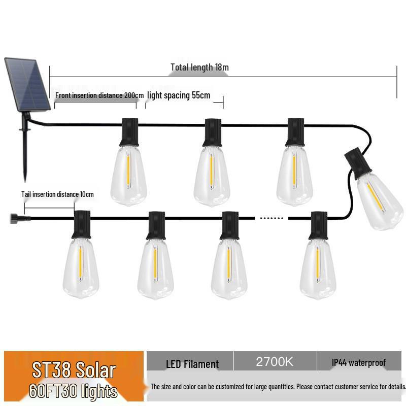 Solar LED Retro ST38 G40 Outdoor Waterproof String Lights for Camping and Courtyard Atmosphere