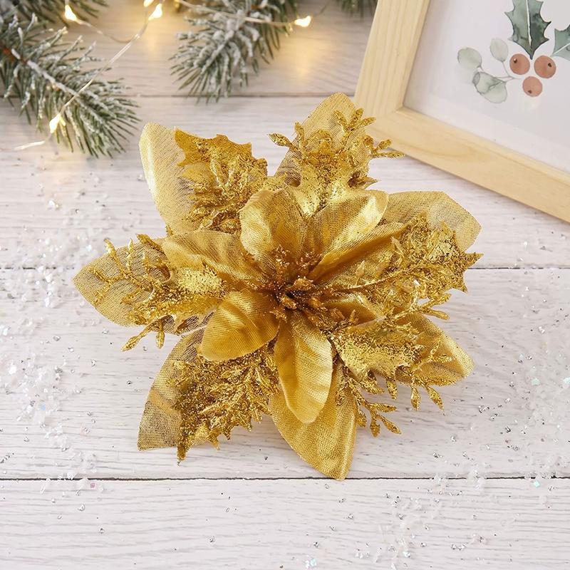 10Pcs/Pack Christmas Flowers Sparkling 14CM with Clips Xmas DIY Glitter Poinsettia Wreath