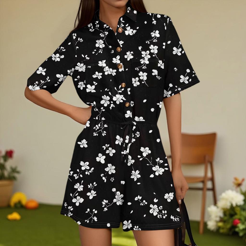 Damenmode V-Ausschnitt Jumpsuit Karomuster Lässig Kurzarm Top Jumpsuit