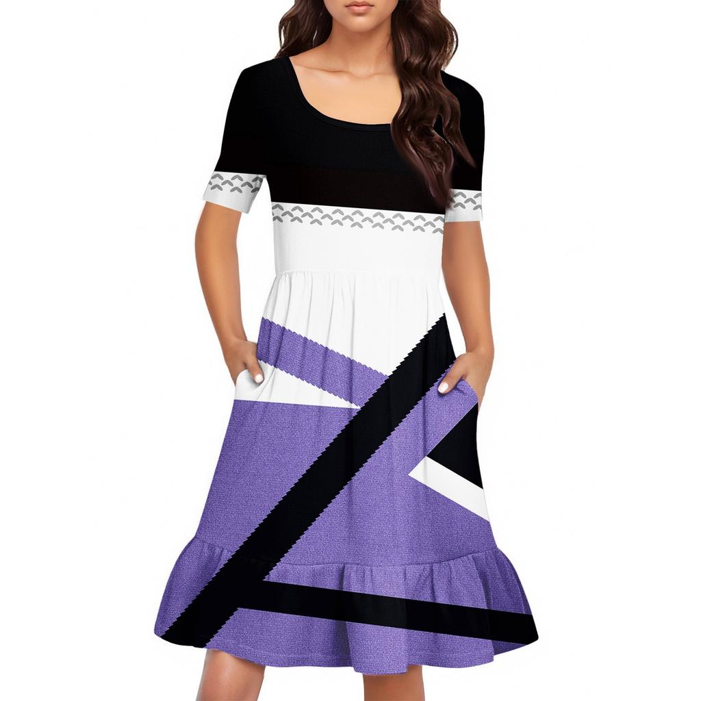 Women's Casual Round Neck Short Sleeved Dress Loose Waist Pleated Dress Waist Pleated Dress