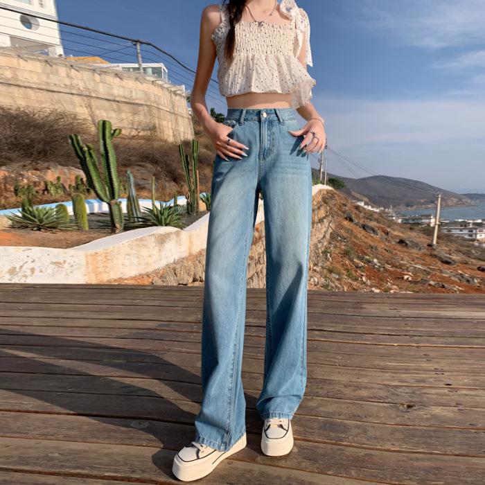 

Женские летние джинсы из тенсела с высокой посадкой 2024 - Свободные широкие штанины, Петит, Прямые штанины, Повседневные брюки из ледяного шелка L