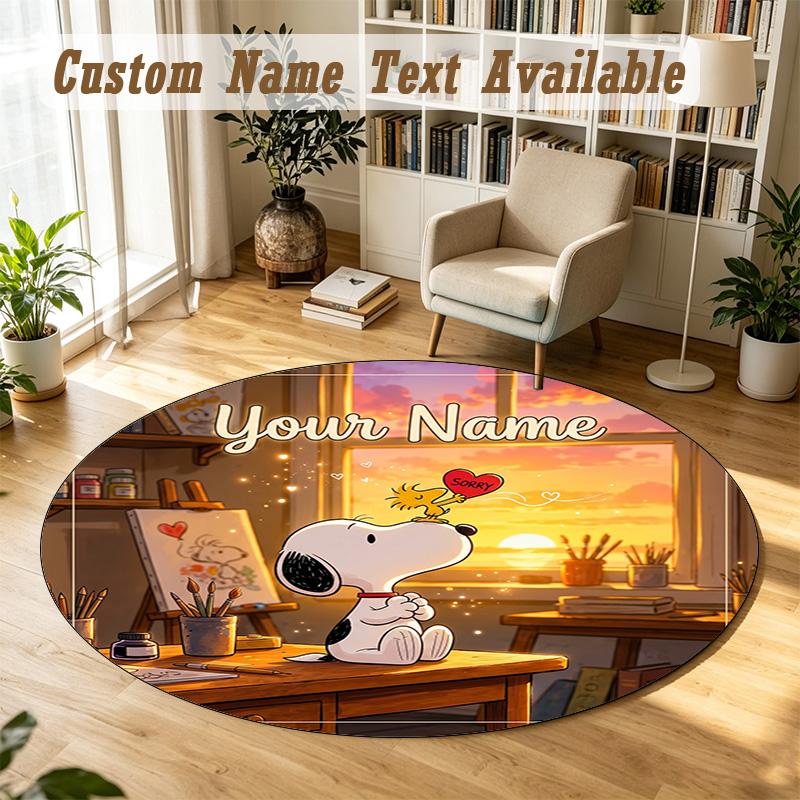 Snoopy Peanuts Personalized Round Rug Support Custom Name, Soft Home Decor Mat