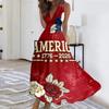 Women Sleeveless V Neck Waist Tie Maxi Dress with Independence Day Flag and Floral Print for Summer Casual Outings