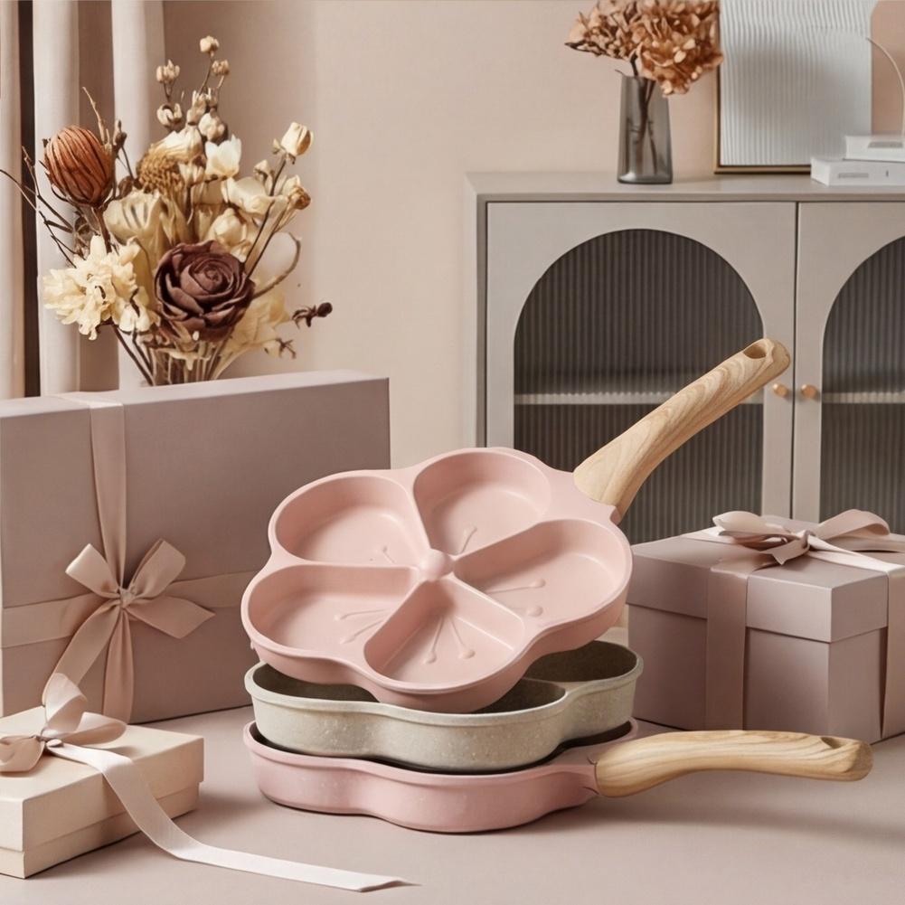 Nonstick Flower Shape Egg Frying Pan 5 Hole Aluminum Skillet 37x21cm Breakfast Cooking Tool Gas Induction Stove Ready Gray Pink