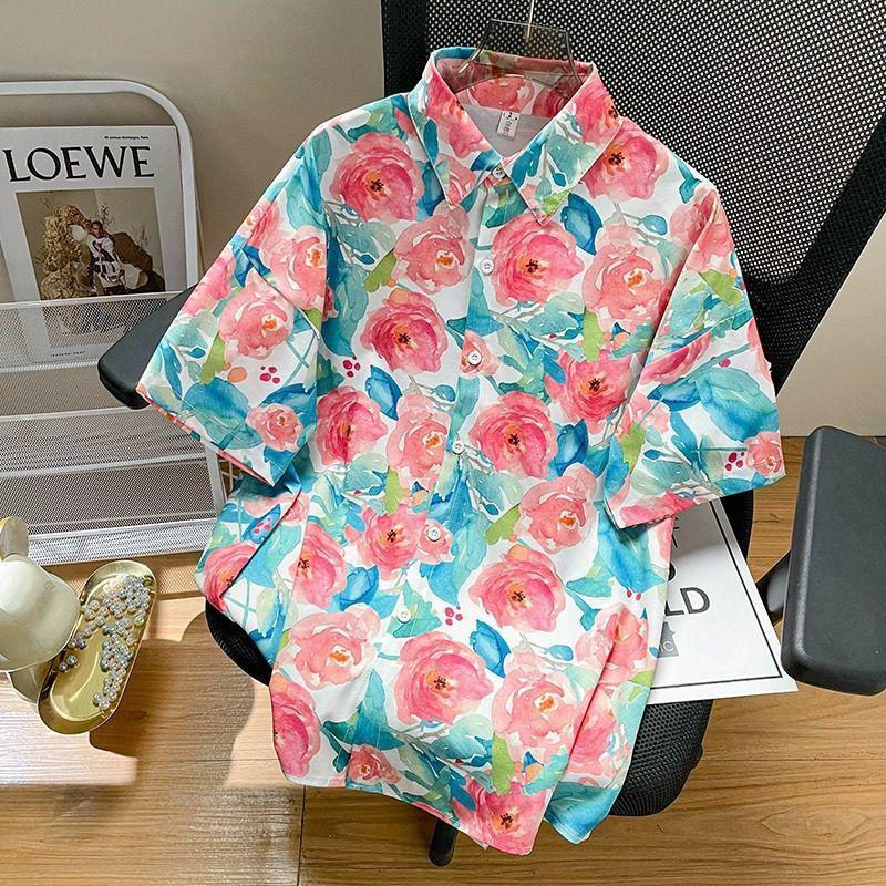 

Hong Kong Style Floral Print Slimming Blouse - Women s Short Sleeve, Loose Fit for Spring/Summer Medium