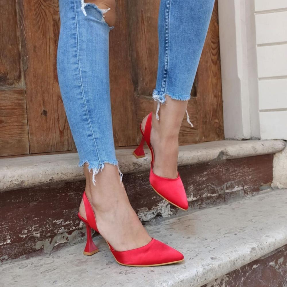 

Модные женские красные атласные туфли на каблуке 9 см с эластичной спинкой