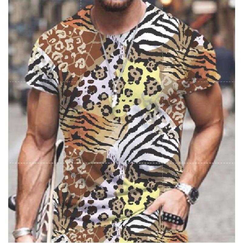 

Летняя футболка с круглым вырезом, 3D-принтом леопарда и листьев, модная повседневная мужская футболка с коротким рукавом 6XL