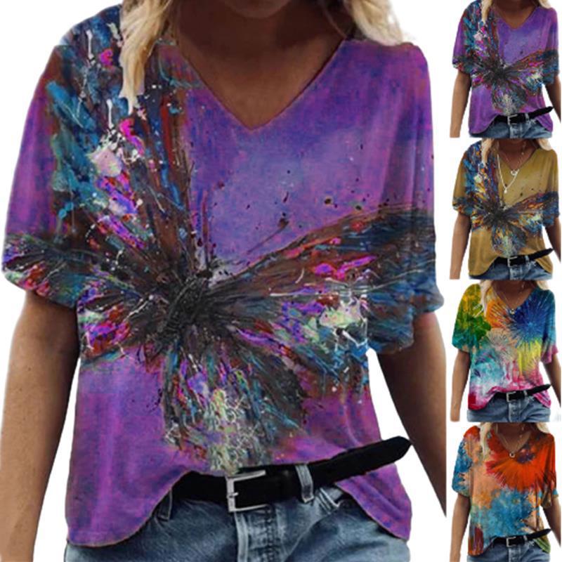 Sommer V-Ausschnitt 3D Schmetterling bedrucktes Top Modische lässige kurzärmelige Damen T-Shirts