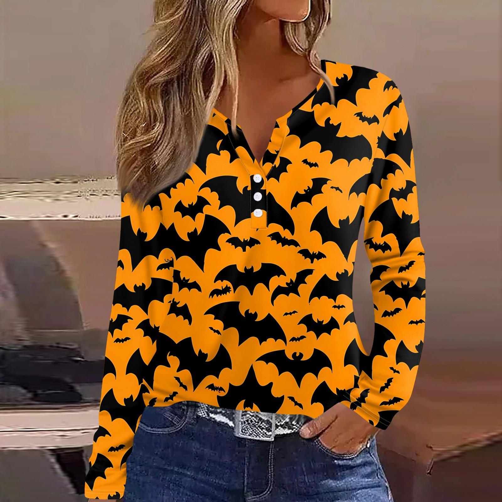 

Жен. Футболка Футболка Хэллоуин С принтом Пуговицы Длинный рукав Повседневные Выходные Мода Классический Классический V-образный вырез Обычный Верх XXL