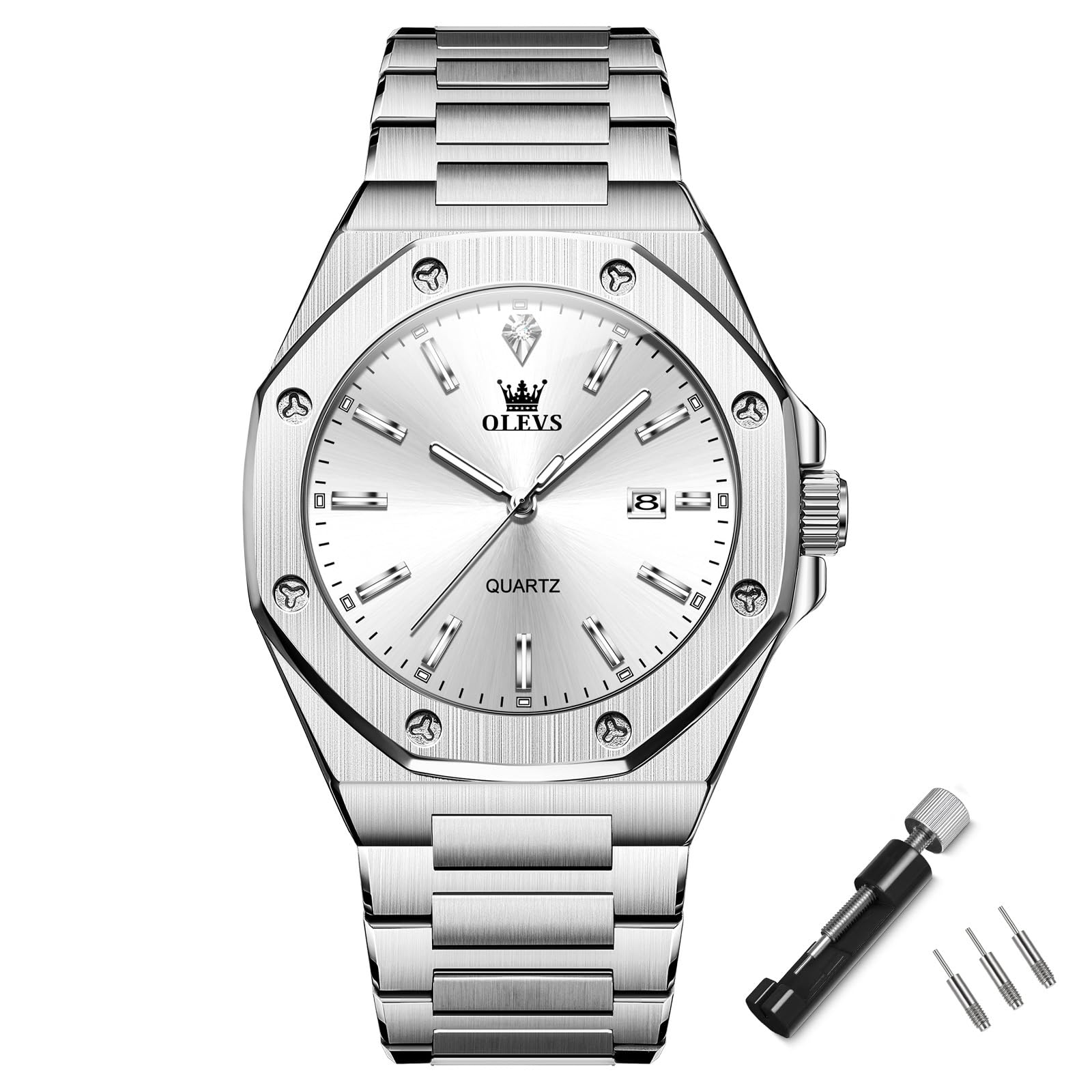 

восьмиугольные аналоговые кварцевые часы Olevs стильные из нержавеющей стали с датой простые подходящие для и работы Большие металлические люминесцентные идеальные в качестве мужских часов,