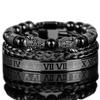Men's Black Braided Bracelet Set with Double Leopard Heads and Roman Numerals, European & American Retro Style, Stainless Steel.