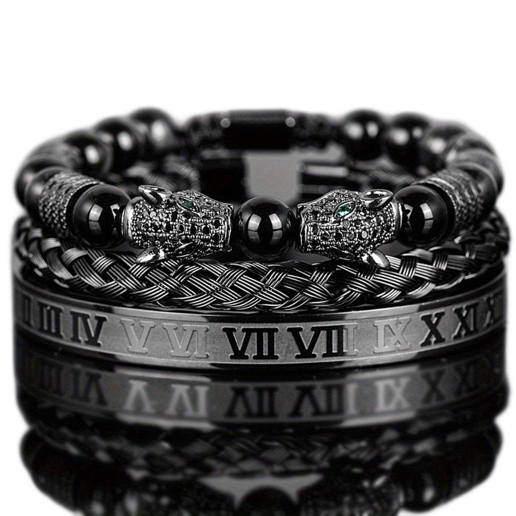 Men's Black Braided Bracelet Set with Double Leopard Heads and Roman Numerals, European & American Retro Style, Stainless Steel.