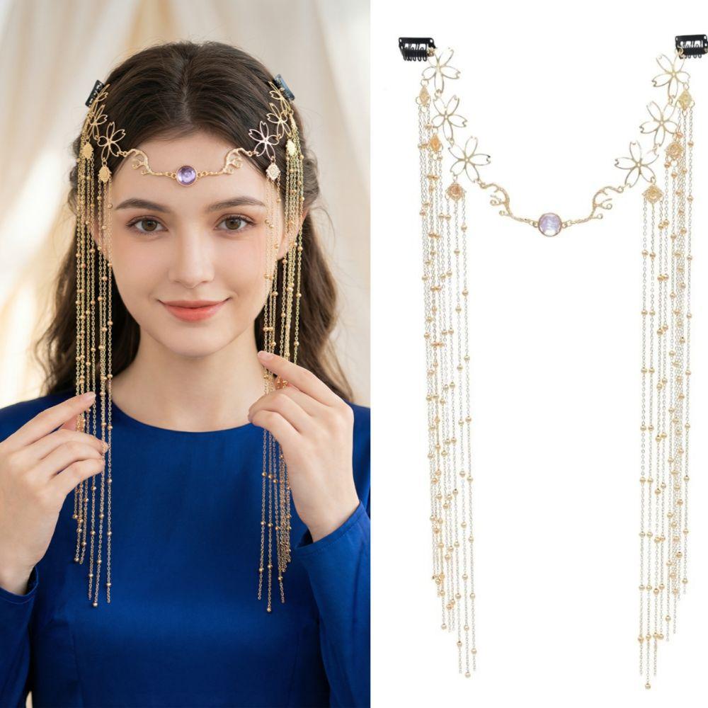 Golden Rhinestone Head Chain Long Tassel Forehead Chain Fashion Retro Hairpin  Women's Hair Jewelry