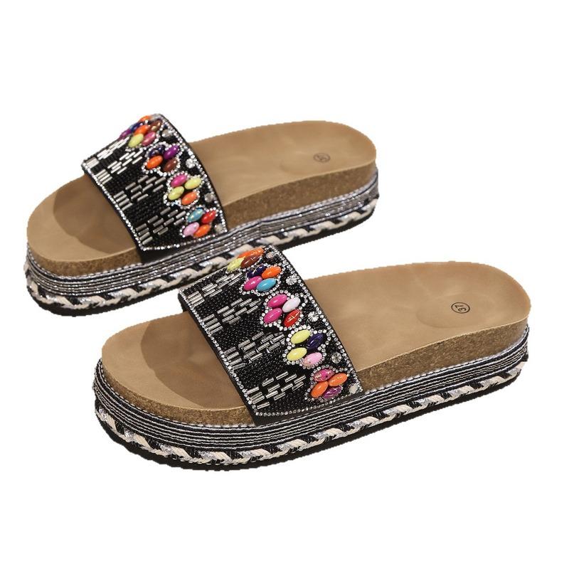 Fashionable Vintage Ethnic Diamond-Face Chunky-Sole Slippers Large Size Outdoor Beach Cork Slippers