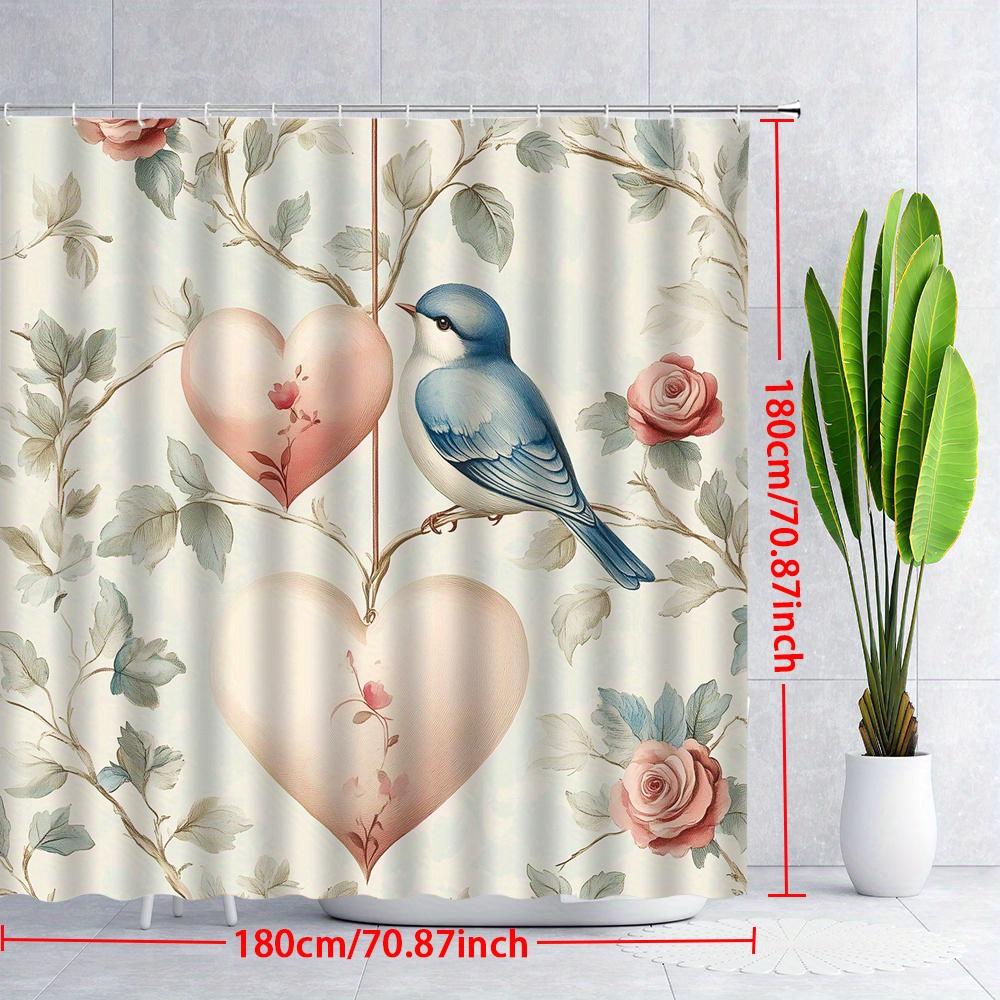 1pc Vintage Blue Bird Shower Curtain - Pink Hearts & Roses, Soft Beige Background, Polyester, Romantic Bathroom Decor