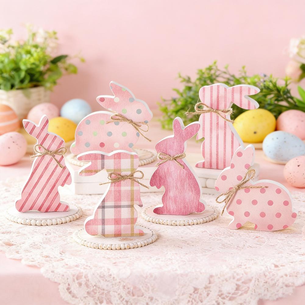 Wooden Easter Decorations Easter Bunny Table Sign 6 Pcs Easter Bunny Wood Signs Rustic Pink Wooden Bunny Blocks for Spring