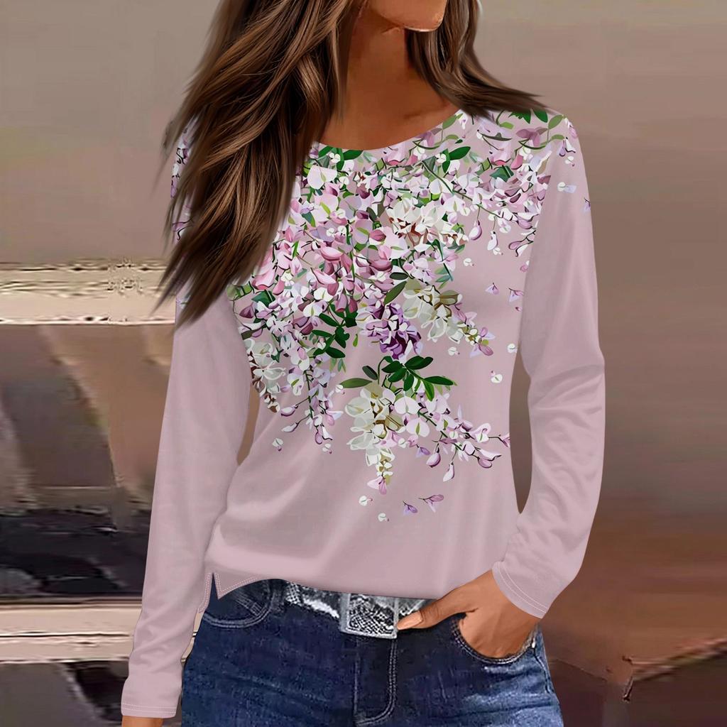 Dames casual T-shirt met split aan de zoom, ronde hals, lange mouwen en losse print.