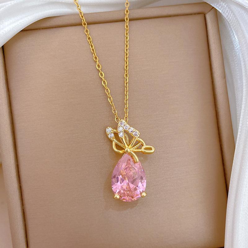 Classic Pink Water Drop Crystal Zircon Butterfly Pendant Necklaces for Women Stainless Steel Chain Vintage Collar Accessories
