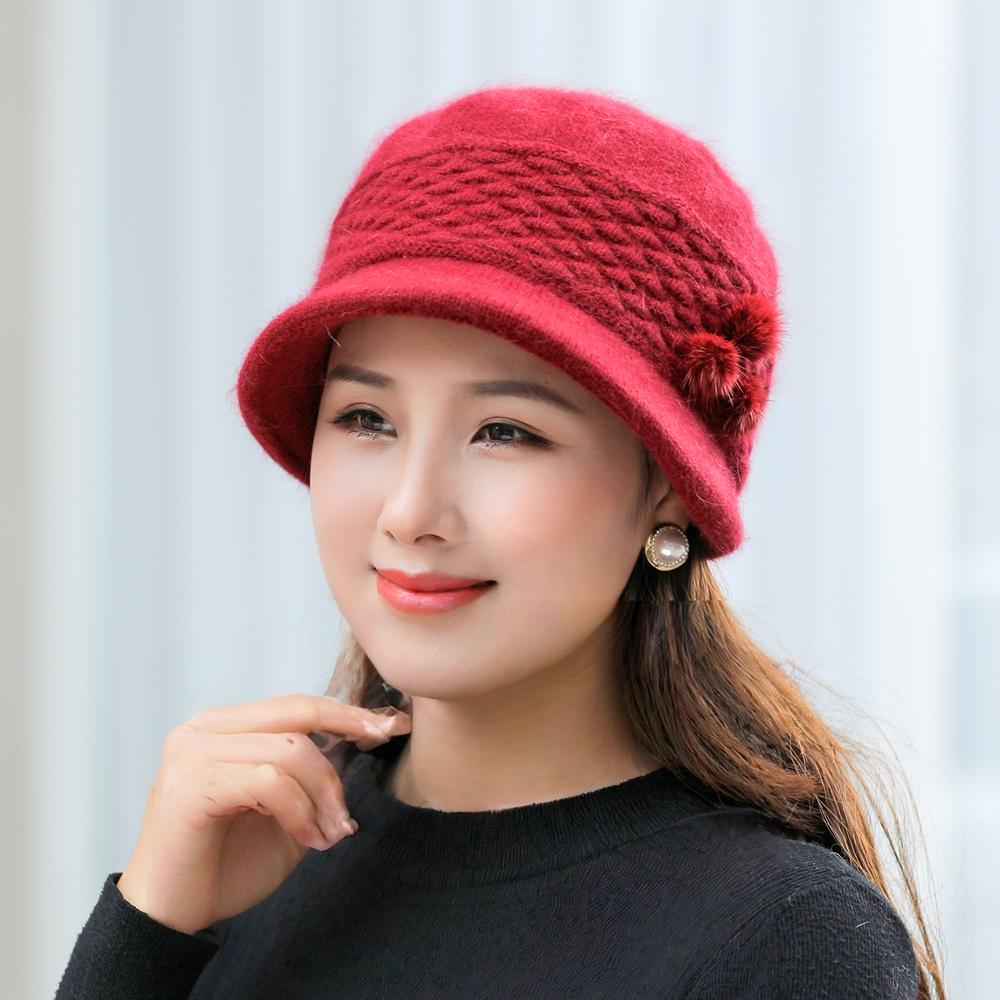 

Новая женская зимняя шапка Сохраняющая тепло Мамина шапка Уличная плюшевая с меховой подкладкой Шапки для женщин Повседневная шапка-ведро из кроличьего меха Вязаная шапка 55cm-58cm вино красного