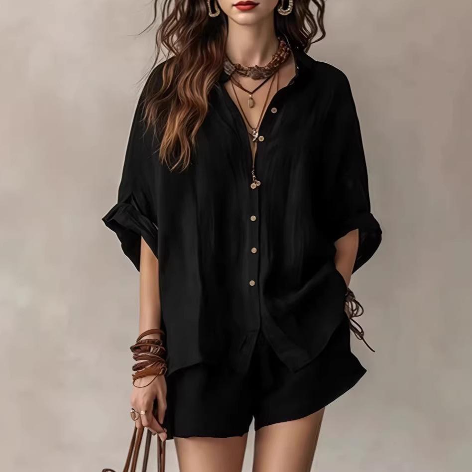 

Women s Spring/Summer Solid Color Loose Breasted Shirt Shorts Fashion Casual Set Tracksuit Women Two Piece Set XS чорний