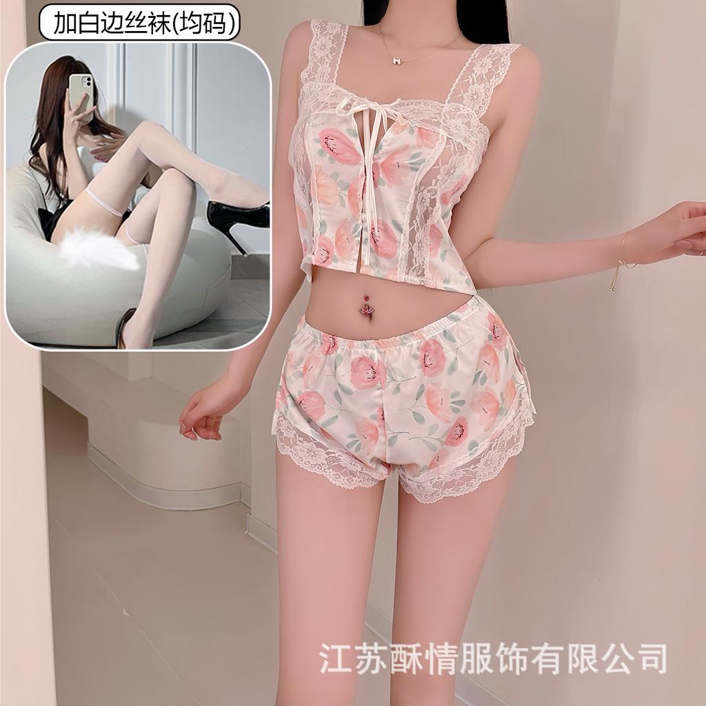 Crispy Sexy Sweet and Spicy Women's Summer Ice Silk Thin Pure Desire Suspender Shorts Two-piece Set Lace Temptation Set